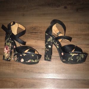 Black floral chunky heels
